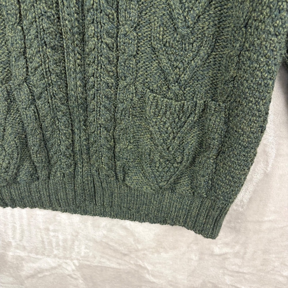 SAOL Ireland Mens L Green Aran Cable Knit Full Zip Cardigan Sweater 100% Merino - Picture 8 of 10